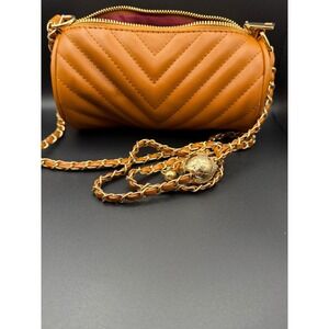 ALFA BAGS Tan Chevron Quilted Barrel Crossbody Bag Gold Chain